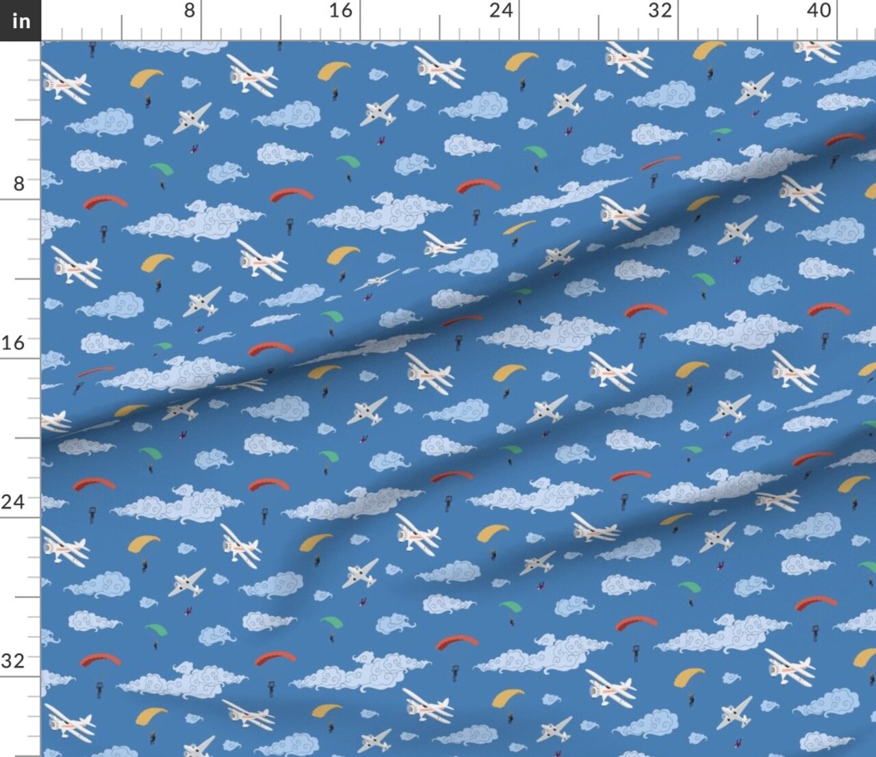 Adventure Airplane Skydiving Clouds Parachute Blue Sports Prop Planes Sky Skydiver Plane Colorful Small Scale Jump Thrill Custom Printed Fabric by Spoonflower Various Fabrics by the Yard or Fat Quarter